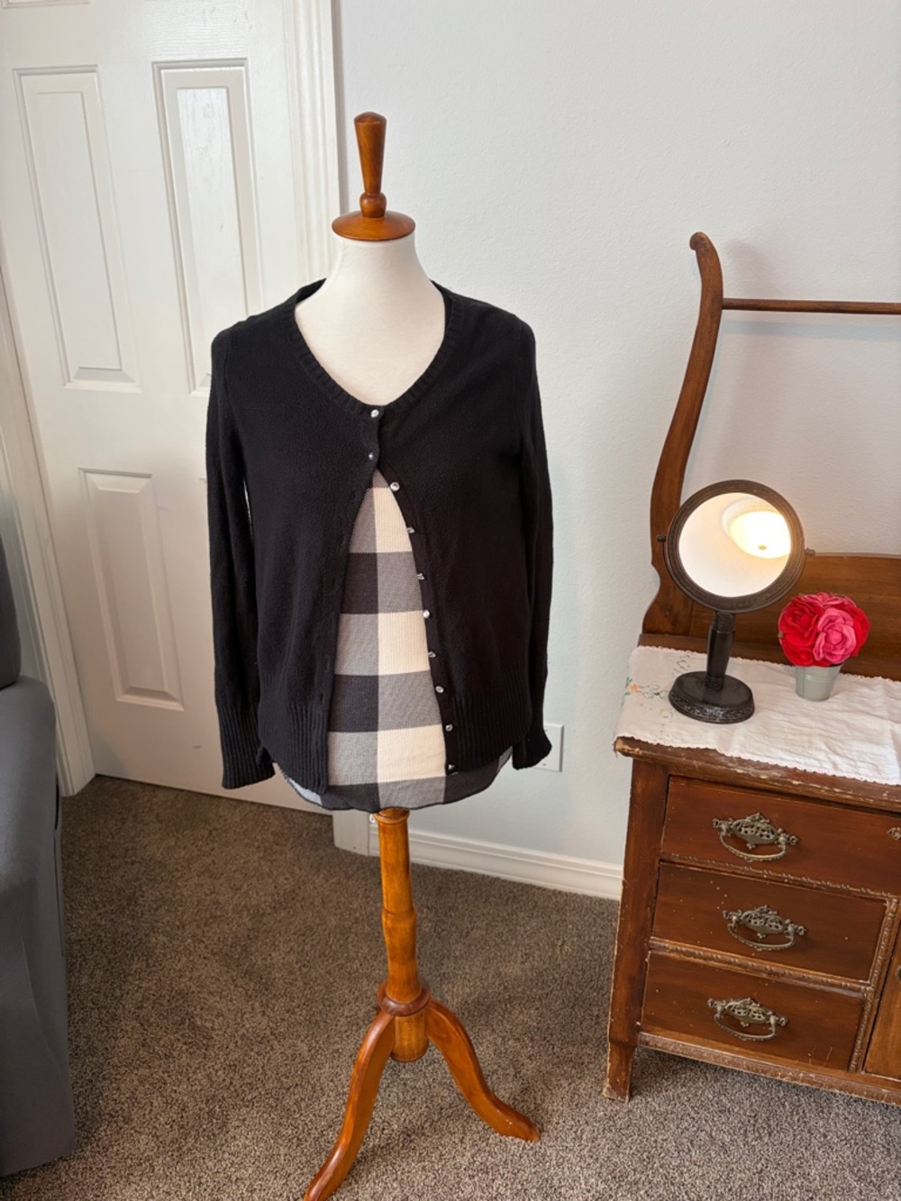 2 Old Navy pieces - Black V-Neck Buttoned Cardigan & buffalo check long sleeve t